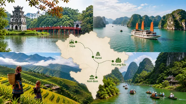7-Day Northern Vietnam route graphic showing Hanoi's Hoan Kiem Lake red bridge, a Ha Long Bay junk boat between karst islands, Sapa rice terraces and Ninh Binh sampans
