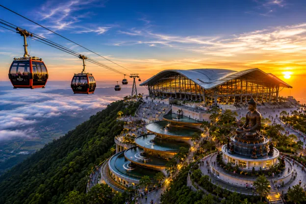 Cable car ascending a misty mountain in Vietnam
