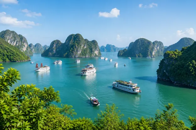 Ha Long Bay under a clear blue sky with calm waters between limestone karsts