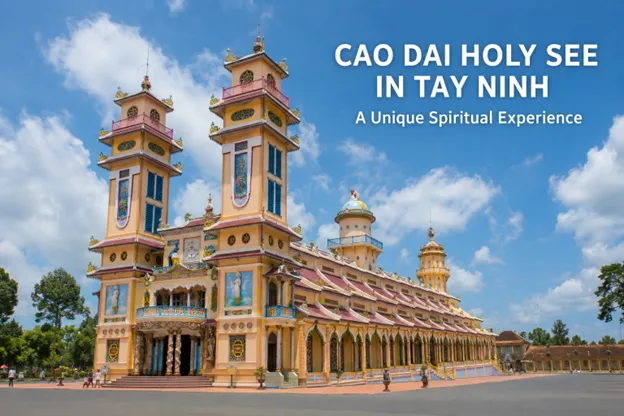 Colourful Cao Dai temple interior with worshippers