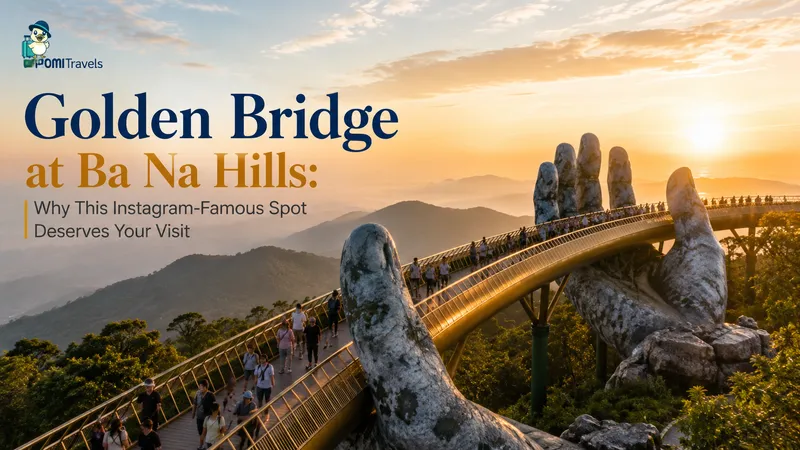 Golden Bridge held by giant stone hands at Ba Na Hills Da Nang