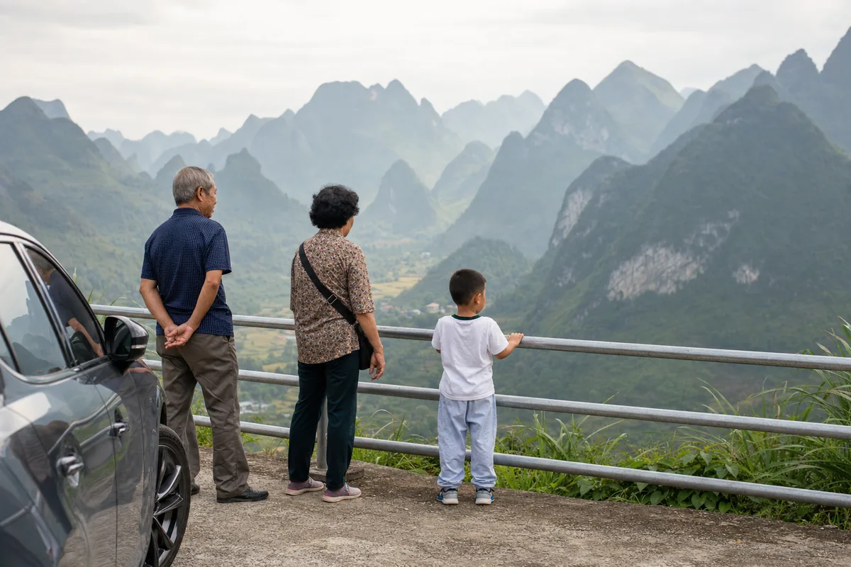 Older travellers and a child at an easy roadside viewpoint on the Ha Giang Loop, reached by private car.