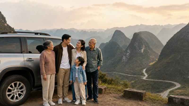 A private 4x4 parked at a viewpoint above the Ha Giang Loop passes in northern Vietnam with a family looking out at the valley