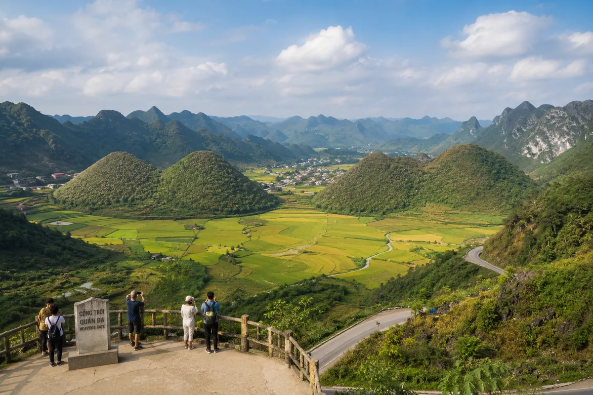 View from Quan Ba Heaven's Gate over the Twin Mountains and Tam Son valley on day one of the loop.