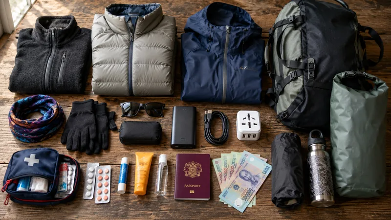 Layered clothing, dry bag, gloves and documents laid out for a Ha Giang Loop trip from Singapore