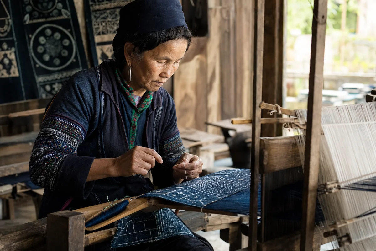 H'Mong woman weaving indigo hemp-linen cloth on a traditional loom at the Lung Tam cooperative.