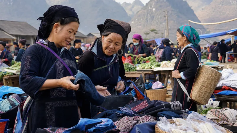 Flower Hmong women in embroidered dress trading textiles at the Dong Van Sunday market in Ha Giang, northern Vietnam