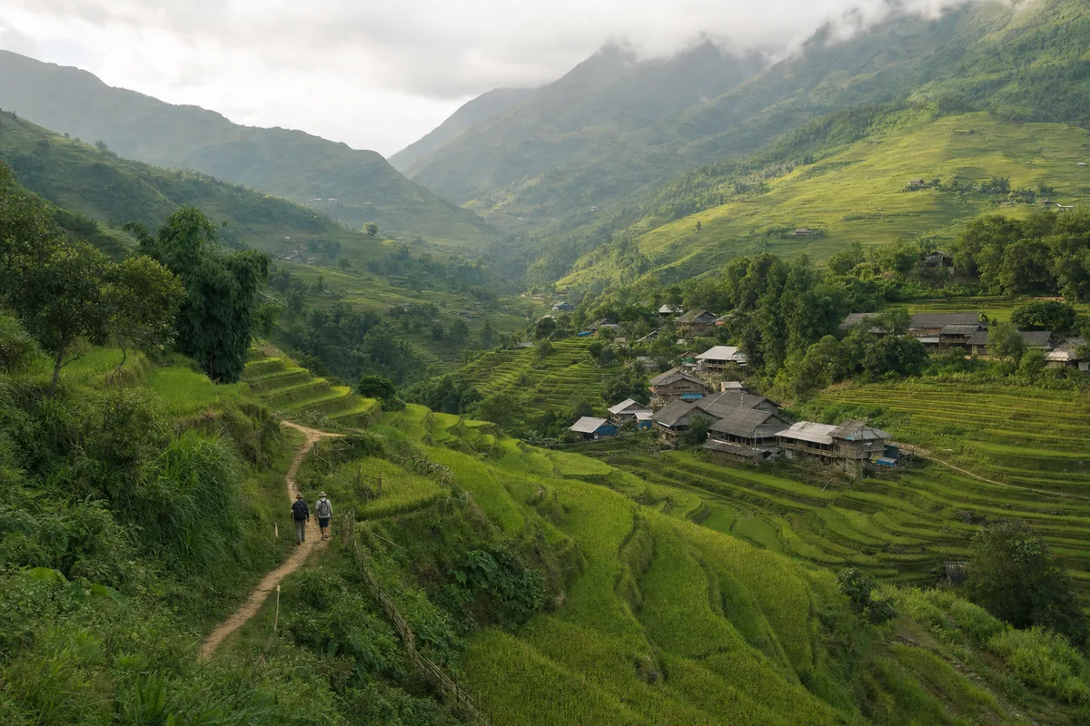 Green rice terraces and a trekking path in the Sapa valley, northern Vietnam.