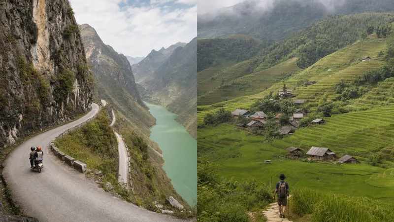 Split view of the Ha Giang Loop's Ma Pi Leng Pass and Sapa's terraced rice valleys in northern Vietnam