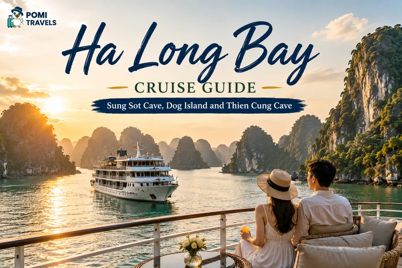 Ha Long Bay limestone karsts and cruise boat at sunrise