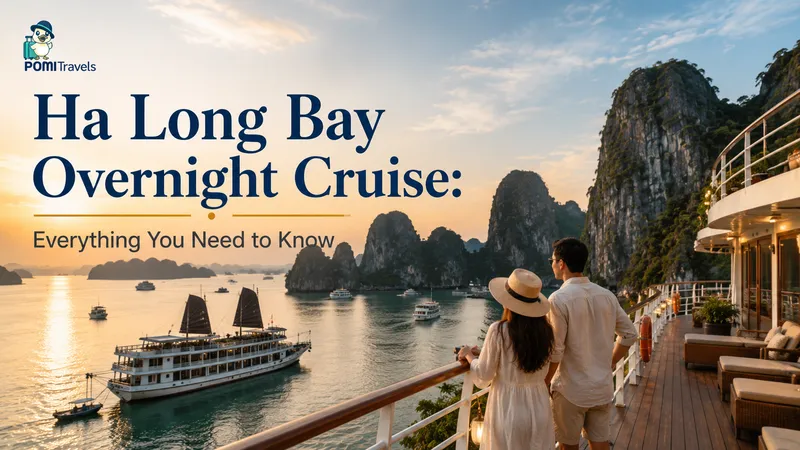 Traditional junk boats sailing through limestone karsts in Ha Long Bay at sunrise