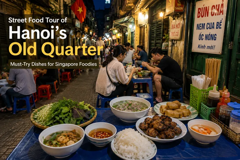 Busy Hanoi Old Quarter street with low stools and local food stalls