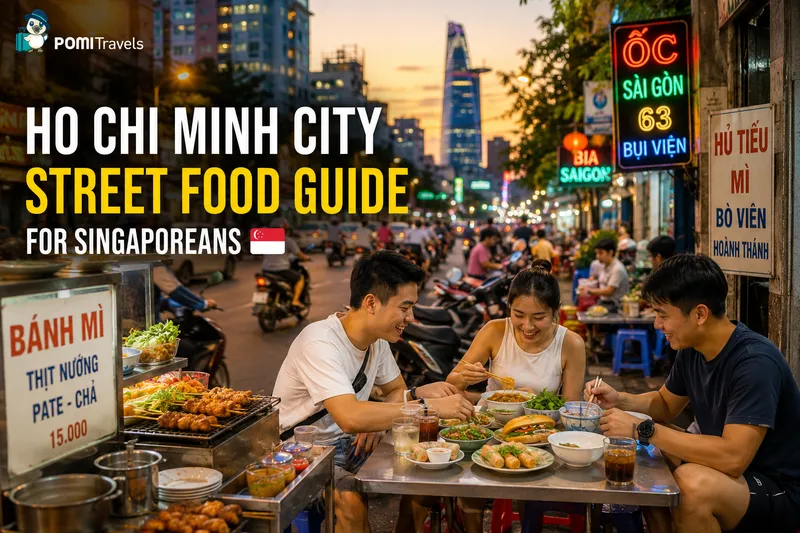 Vietnamese street food spread on a table with banh mi, fresh herbs, and broth