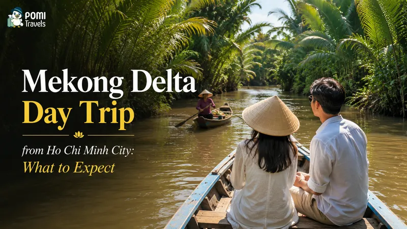 Wooden sampan boat moving through narrow waterway in the Mekong Delta