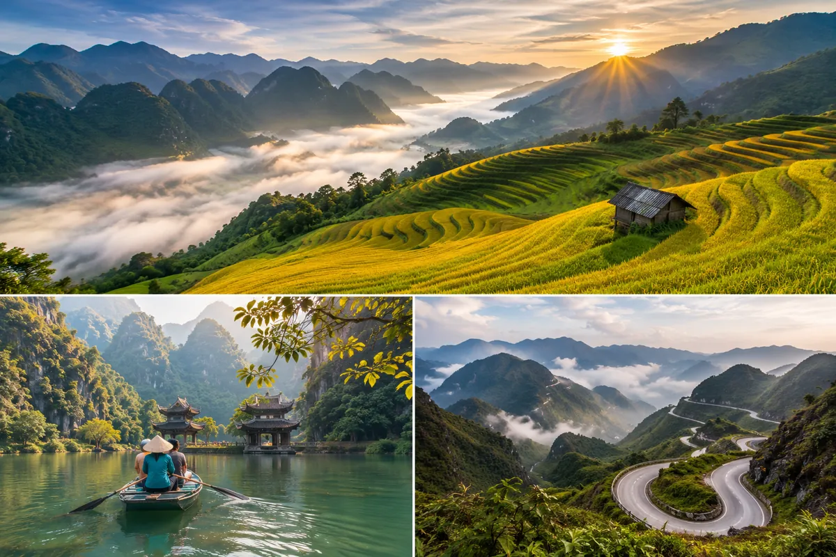 Three northern Vietnam landscapes: golden rice terraces in Sapa at sunrise, a sampan gliding past a riverside temple in Ninh Binh, and the winding Ma Pi Leng Pass on the Ha Giang Loop