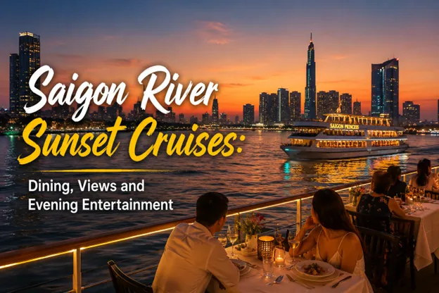 Saigon River at sunset with city skyline reflections