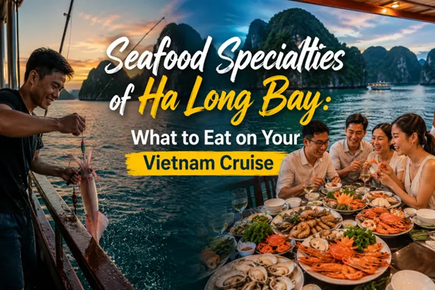 Seafood dishes served on a table with a view of Ha Long Bay