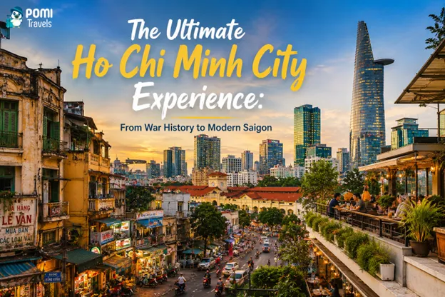 Ho Chi Minh City skyline and busy urban streets