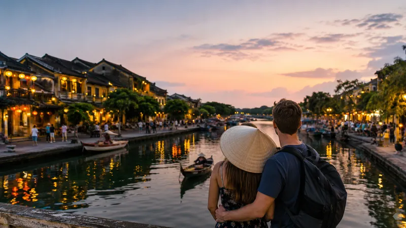 Couple by the riverside at sunset in Vietnam
