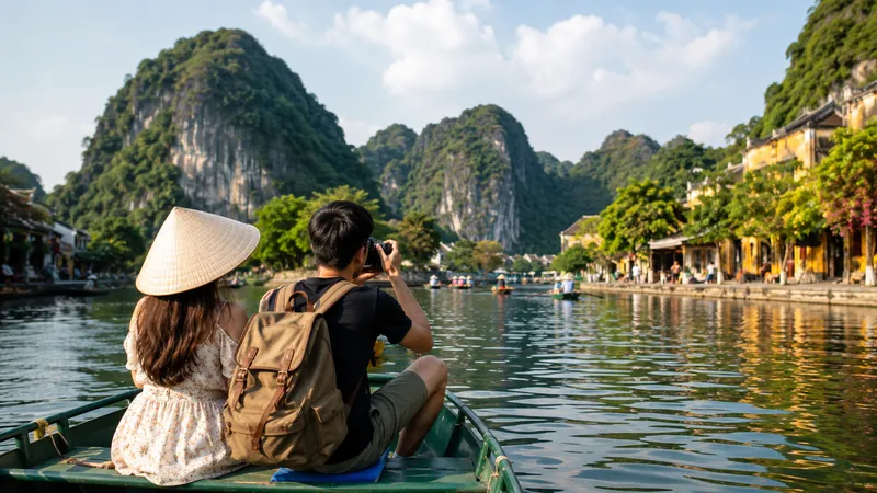 Couple on a boat ride through Trang An in Ninh Binh, northern Vietnam