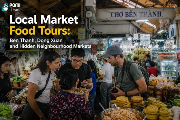 Local Vietnamese market with food stalls and fresh produce