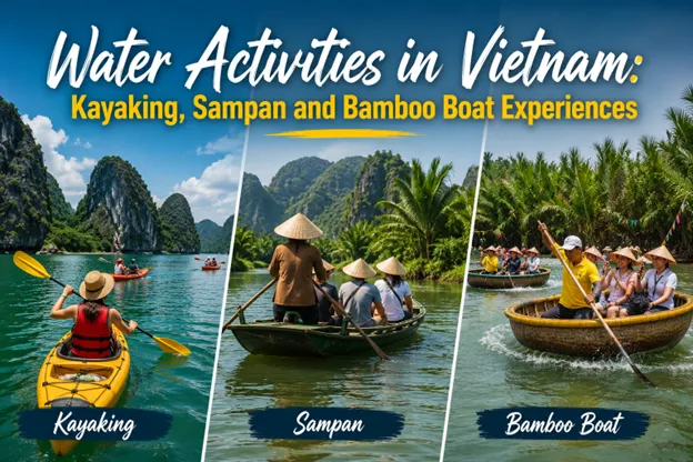 Kayaking through limestone karsts on calm water in Vietnam