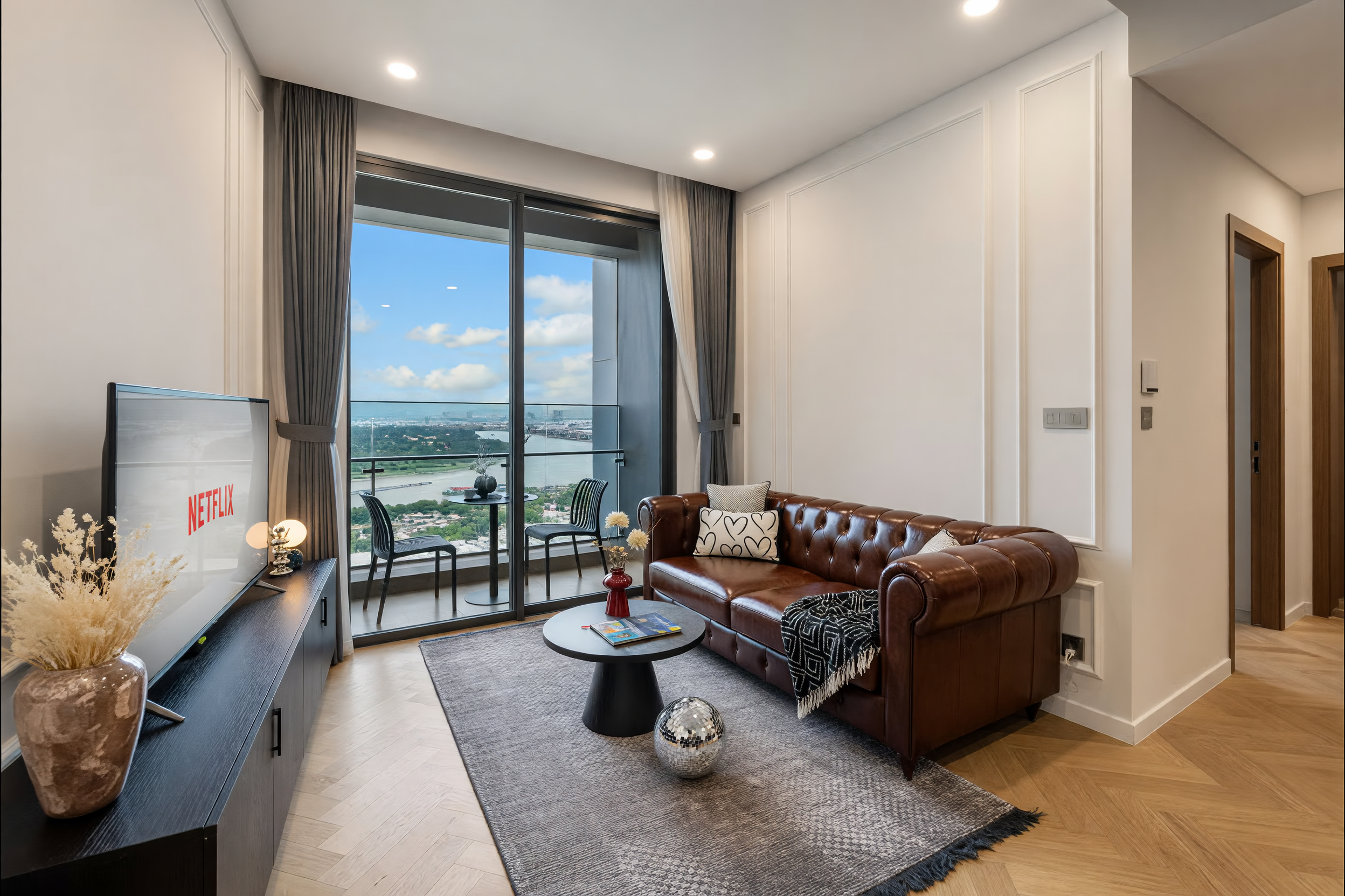 Luxury hotel room with city view