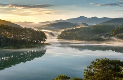Mist rising off Tuyen Lam Lake at sunrise ringed by pine forest near Da Lat