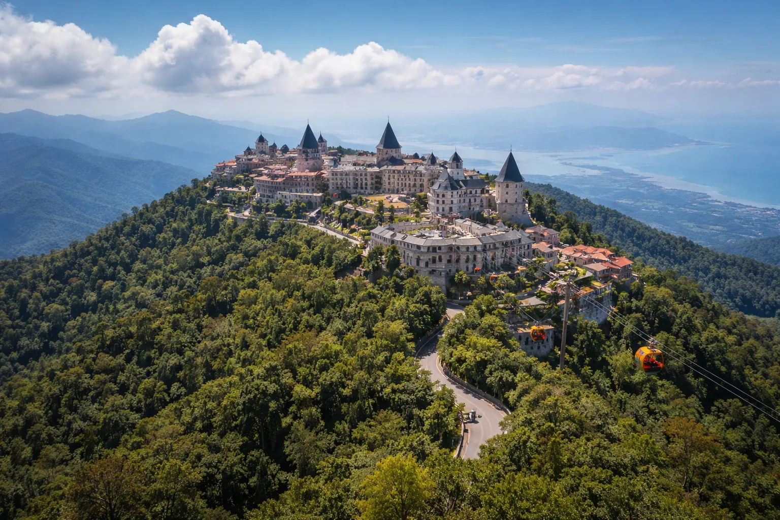 Aerial view of the Ba Na Hills French Village castle complex above forested mountains near Da Nang
