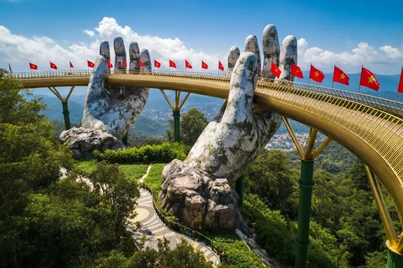 Cable car ascending to Ba Na Hills through the clouds