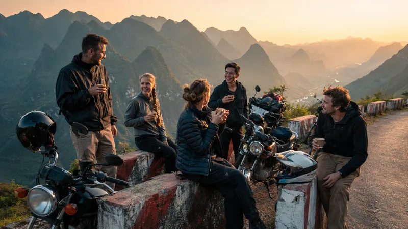 Travellers and guides relaxing at a sunset viewpoint on the Ha Giang Loop
