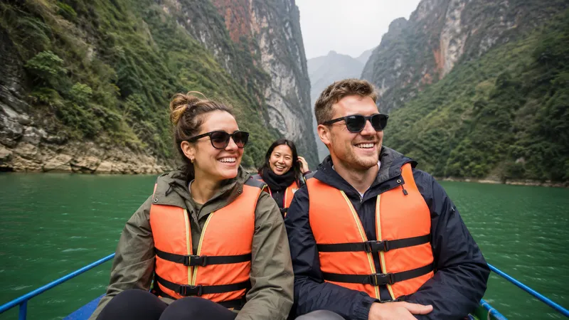 Couple on a boat on the Nho Que River with limestone canyon walls