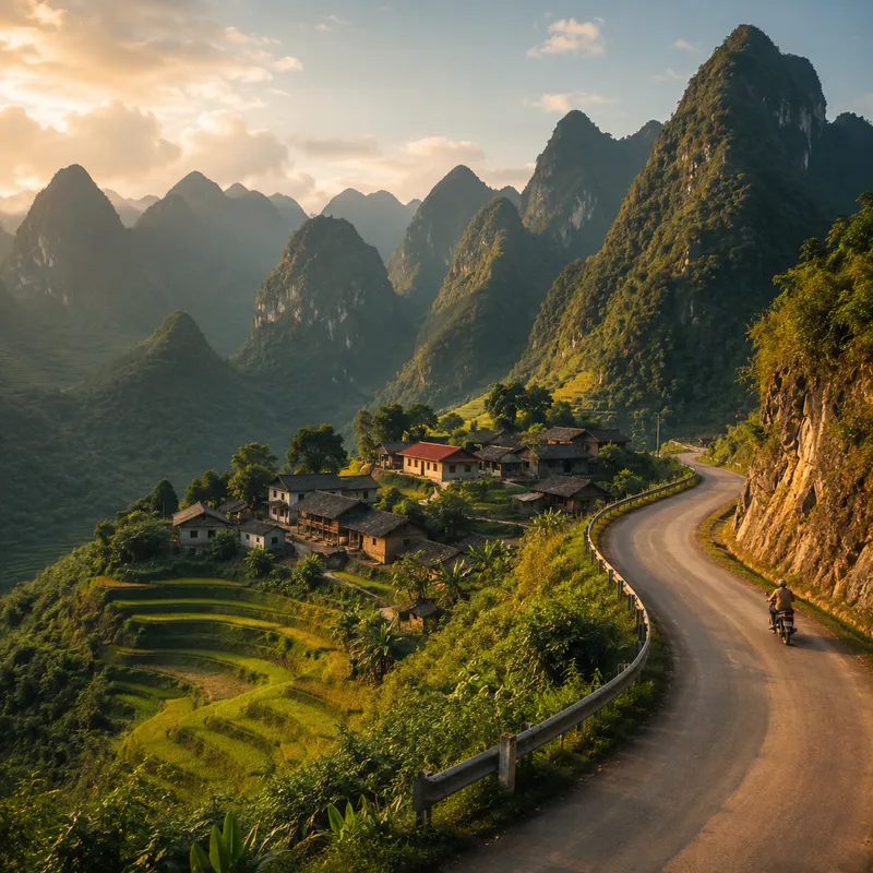 Traditional stone houses on a terraced hillside beside the winding Ha Giang Loop road at golden hour