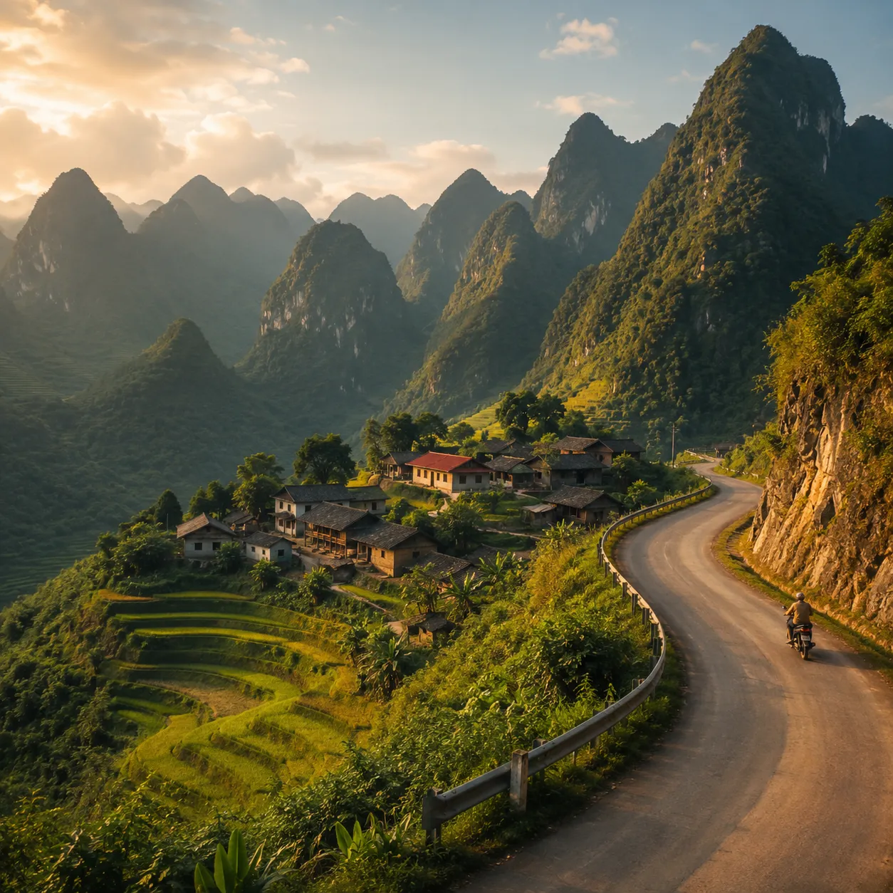 Traditional stone houses on a terraced hillside beside the winding Ha Giang Loop road at golden hour