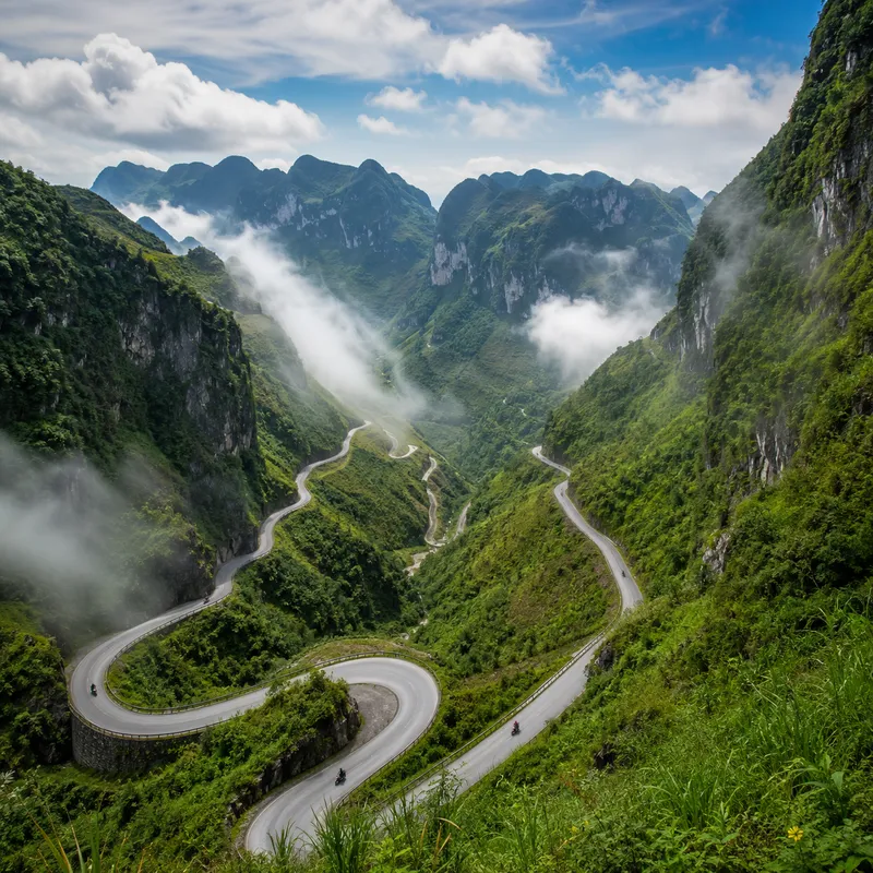 Winding mountain road threading through a misty green canyon on the Ha Giang Loop in northern Vietnam