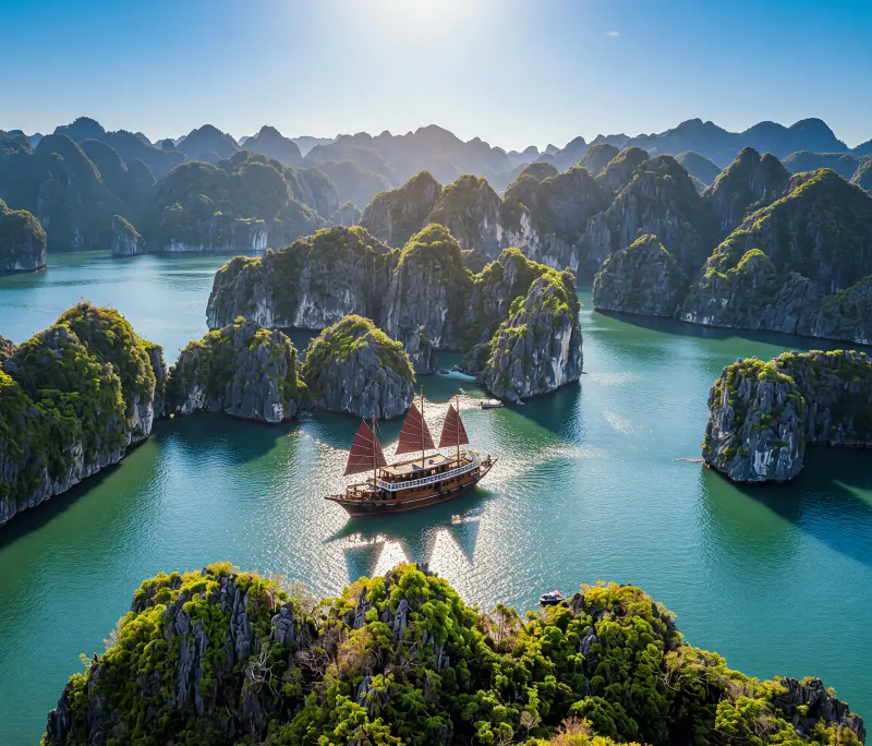 Aerial view of a Vietnamese junk boat sailing through Ha Long Bay limestone islands at golden hour