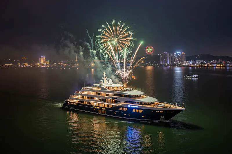 Luxury yacht in Ha Long Bay at night with fireworks lighting up the sky over the city skyline