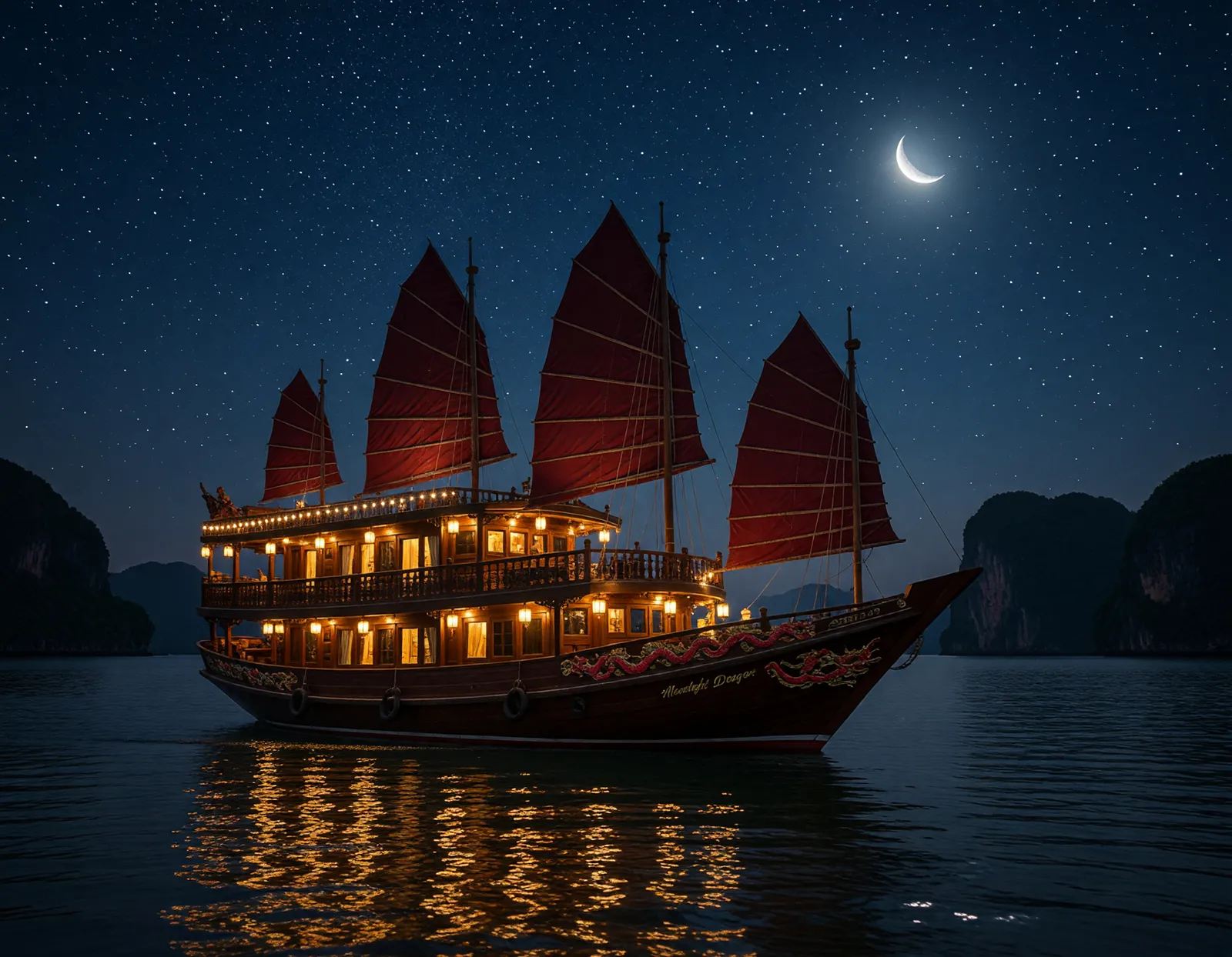 Ha Long Bay limestone islands rising from emerald waters at sunrise