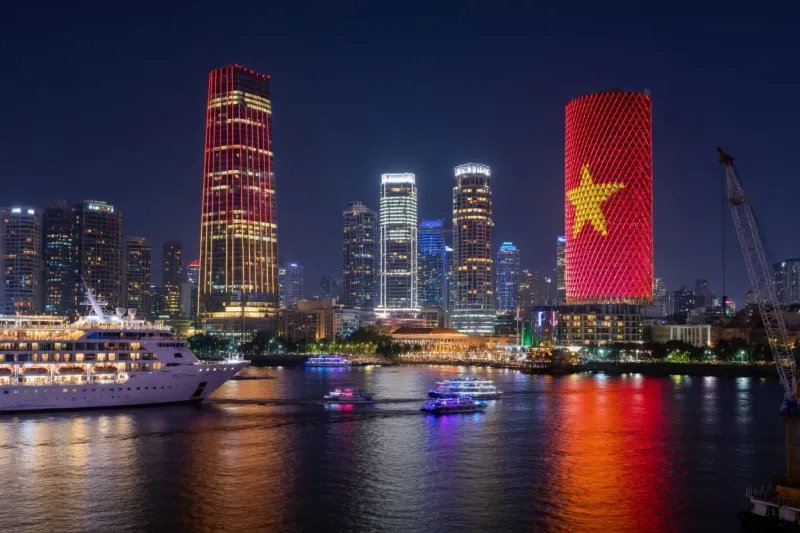 Ho Chi Minh City skyline at night with a tower lit as the Vietnamese flag and a cruise ship on the Saigon River