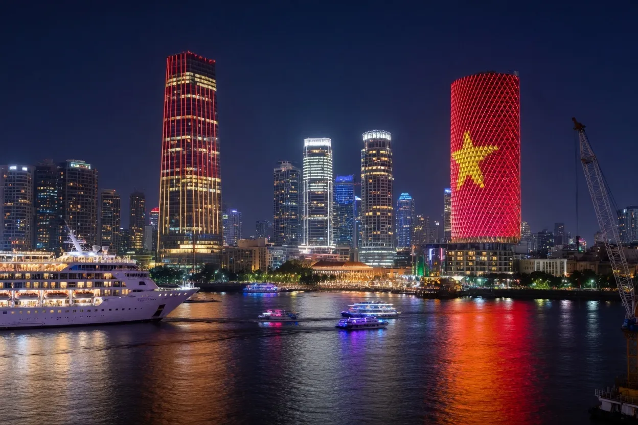 Ho Chi Minh City skyline at night with a tower lit as the Vietnamese flag and a cruise ship on the Saigon River