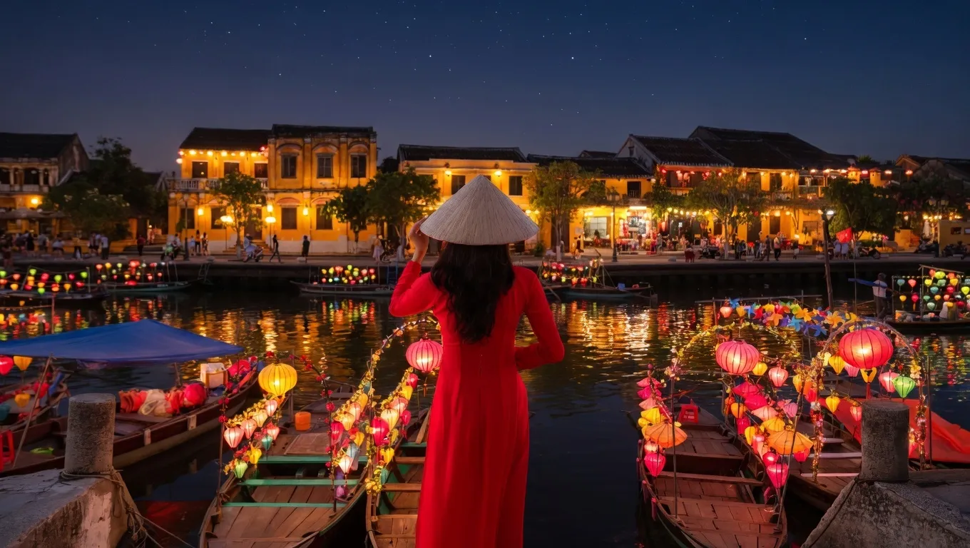 Hoi An ancient town lanterns reflecting over Thu Bon River at night
