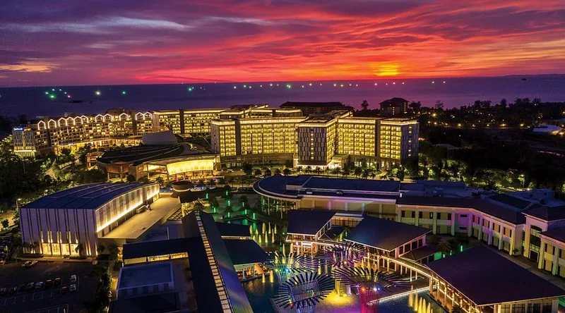 Evening lights over the coast and resorts of Phu Quoc Island, Vietnam