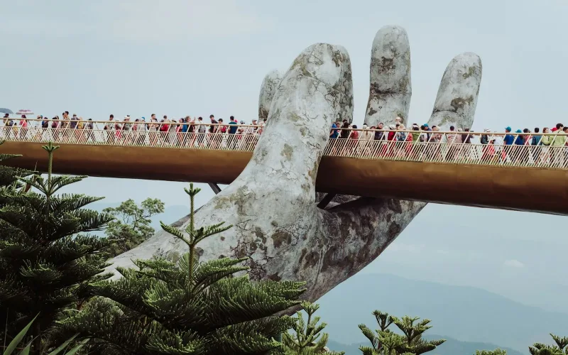 Golden Bridge at Ba Na Hills with mountain views
